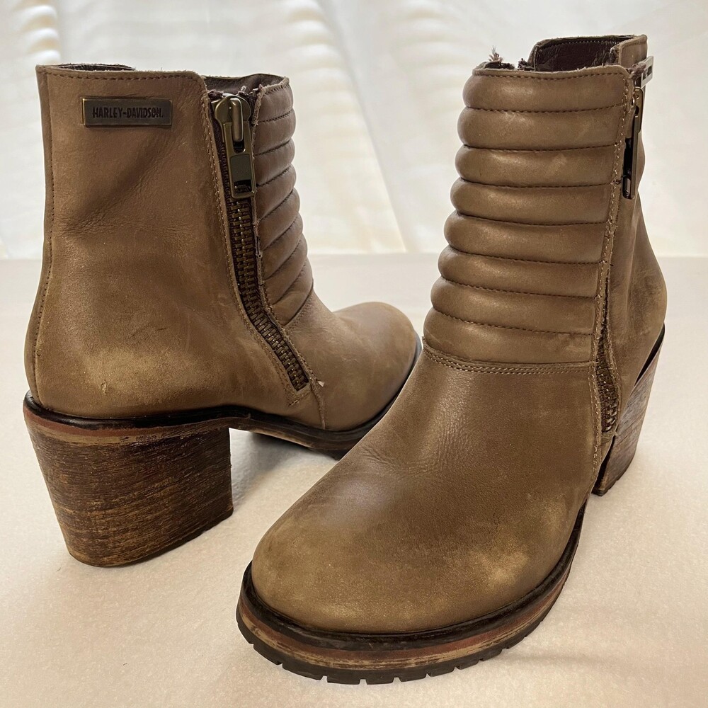 Harley Davidson Leather Boots Womens 9 Brown Ankle Moto Chunky Heel Double Zip